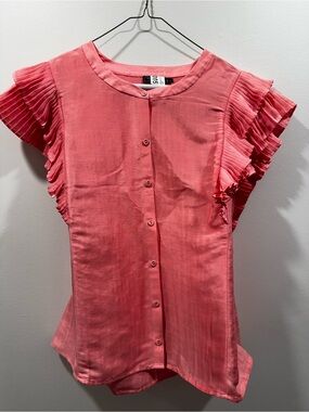 Vineyard Vines Coral Pink Ruffle-Sleeve Button Front Blouse